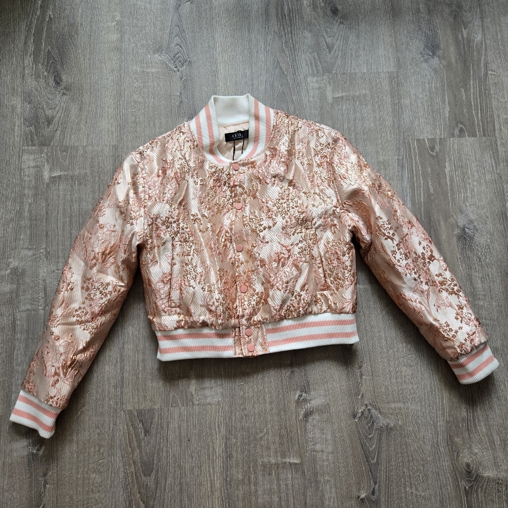 NWT Akira SWEET THING BROCADE BOMBER IN PINK Sz. L